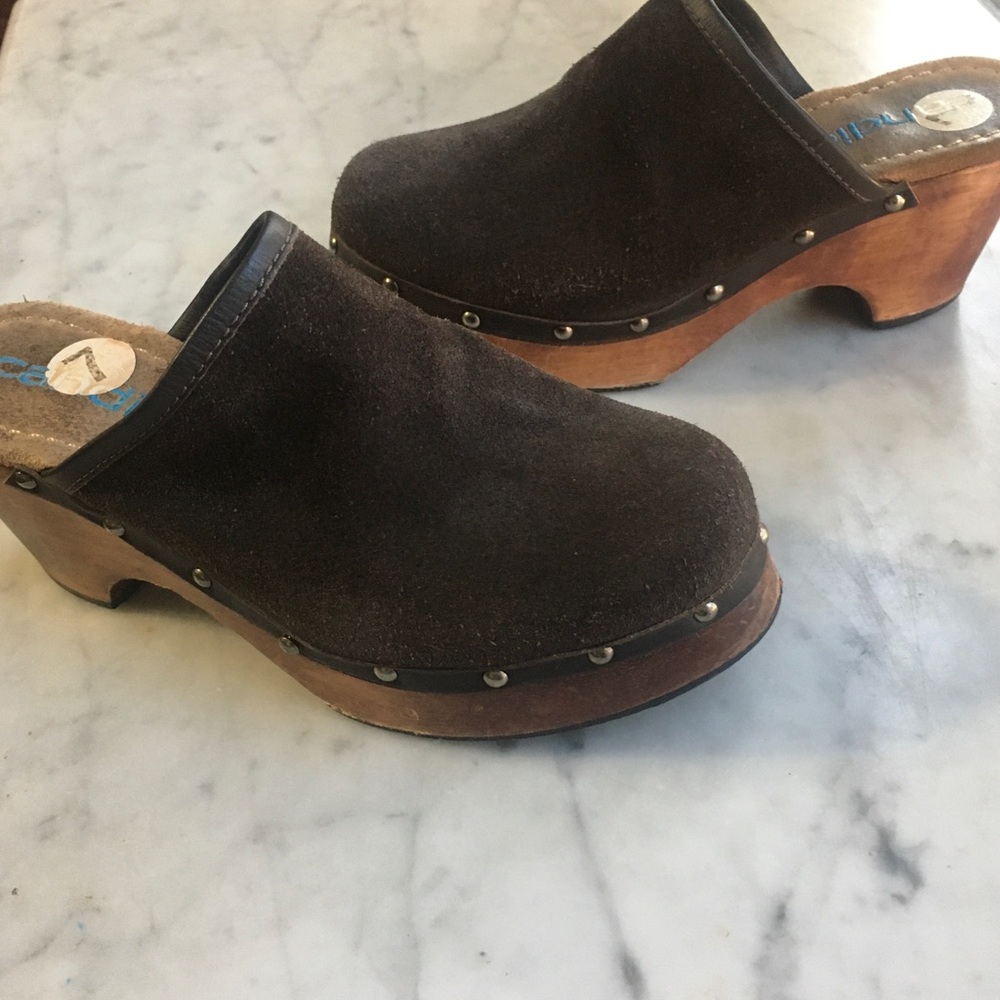 Candies vintage Y2K 90s Brown Suede Wood Studded Slide Clogs Heels 7